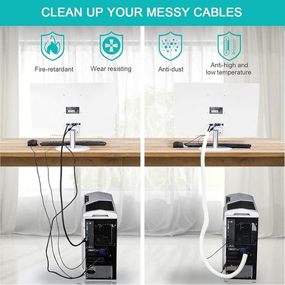2 Pack 5ft - 1 inch White Cable Sleeve, Cable Organizer for Desk PC TV Computer, Wire Protector Cable Wrap Cover, Cord Management for Home Office