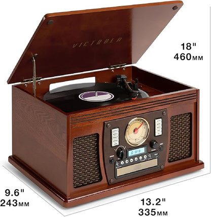 Victrola Navigator 8-in-1 Bluetooth Record Player with Built-in Speakers – 3 Speed Turntable, CD Player, Cassette, FM Radio, USB, RCA Out, Headphone Jack, Wireless Music Streaming, Real Wood (Oak)