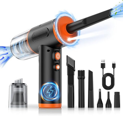 Compressed Air Duster, 100000RPM Handheld Car Vacuum/Air Blower& Pump, 3 Gear Adjustable Electric Air Duster/Car Vacuum Cleaner, Keyboard Duster with LED Light-10 Kits Air Blower for Computer(Orange)