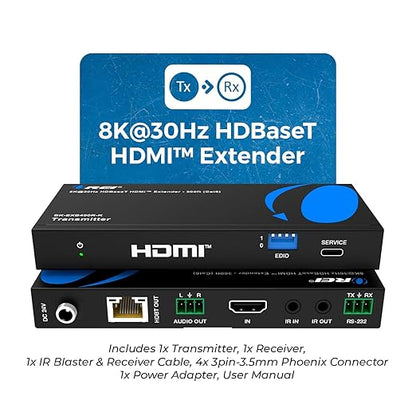 OREI 4K @ 120Hz HDMI Over Ethernet Extender Balun - HDBaseT UltraHD 8K@30hz CAT6/7 Cable with HDR, CEC & IR Control, RS-232 Up to 400 Ft Power Over Cable Audio Out (BK-EXB400R-K)