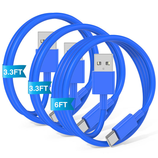 JERMASAL 3-Pack Blue [3.3FT+3.3FT+6FT] USB A to USB C Cable, Compatible with iPhone 15/16, iPad, Samsung, MacBook, PS5 and More, Fast Charging, Carplay Cable