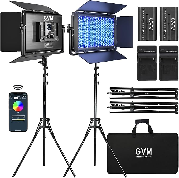 GVM 1500D RGB LED Video Light with Battery, 75W Video Lighting Kit with Bluetooth Control, 2 Packs Led Panel Light for Photography, YouTube Studio, Video Shooting, Conference,1128 Led Beads