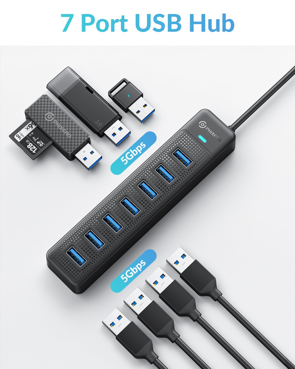 PHIXERO 7 Port USB Hub 3.0 with 1.6FT/50CM Long Cable, Multiport Adapter and Splitter for PC, Compatible with All USB 3.0/2.0/1.1 Devices