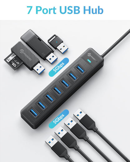 PHIXERO 7 Port USB Hub 3.0 with 1.6FT/50CM Long Cable, Multiport Adapter and Splitter for PC, Compatible with All USB 3.0/2.0/1.1 Devices
