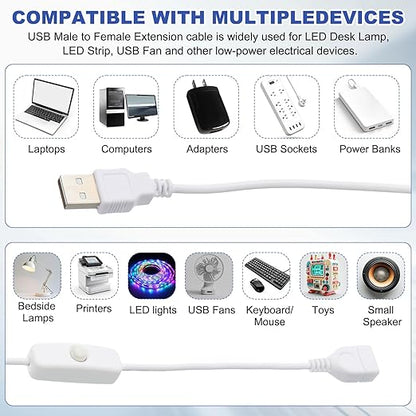 MECCANIXITY USB Extension Cable with ON/Off Button Switch 2m USB Male to Female Extension Cord for Desk Lamp Fan LED Light Strip White Pack of 1