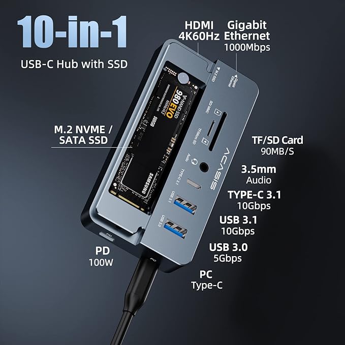 USB C Laptop Docking Station HDMI 4K60Hz with Nvme Enclosure, ACASIS 10-in-1 USB C Hub Multiport Adapter with HDMI, PD, Ethernet, SD/TF, 10G USB C/A Ports, Audio, Works for Mac/Dell/HP/Surface