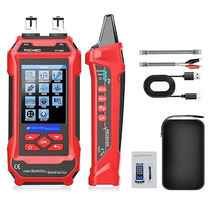 10 in 1 Network Cable Tester with 7 Wavelengths OPM 10Km/10mW VFL 600M Measurable Length 100 Records Tool Kit for CAT5 CAT6 Telephone Ethernet RJ11 RJ45 PoE Wire Tracer NCV, Red