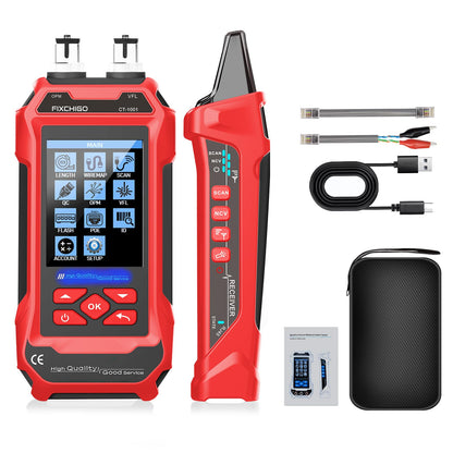 FIXCHIGO 10 in 1 Network Cable Tester with 7 Wavelengths OPM 10Km/10mW VFL 600M Measurable Length 100 Records Tool Kit for CAT5 CAT6 Telephone Ethernet RJ11 RJ45 PoE Wire Tracer NCV, Red