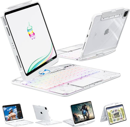 KARTICE Transparent 360 Keyboard Case with Wireless Keyboard for iPad Pro 13 2024 13 inch, Multi-Touch Trackpad, 7 Color Backlight, 360° Rotating Stand with Pencil Holder for iPad Pro 13
