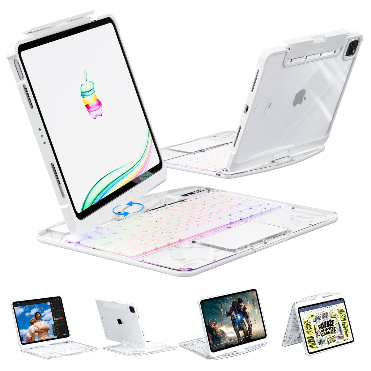 KARTICE Transparent Case with Wireless Keyboard for iPad Pro 11 Inch (M4,2024), 7 Colors Backlight, Multi-Touch Trackpad, 360° Rotating Stand Case with Pencil Holder for iPad Pro 11