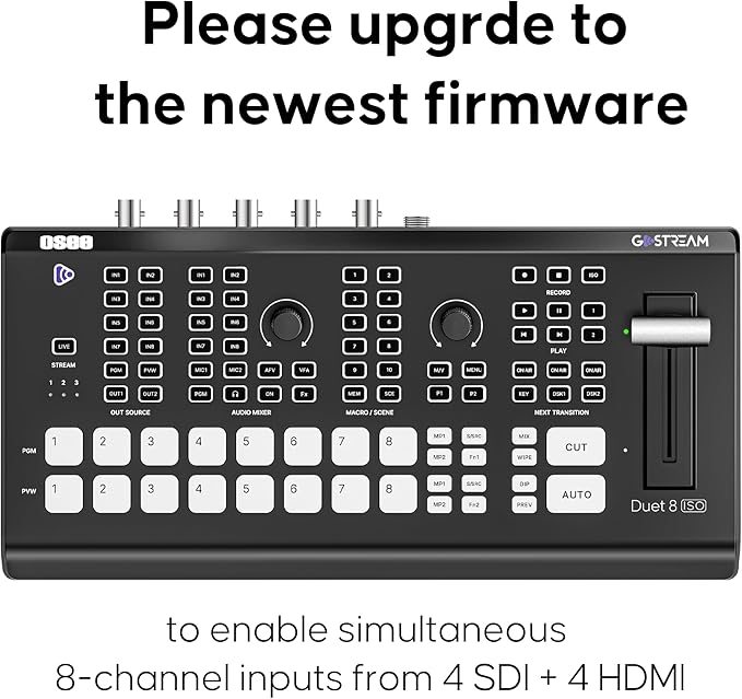 Osee GoStream Duet 8 ISO, 8 Channels Video Switcher with 4 4K-HDMI, 4 SDI, and 4 NDI HX/ 4 SRT/ 4 RTMP/ 2 Webcam. 2 XLR Audio, 8 Layouts, Isolated Recording, Podcast Unit for YouTube, Facebook
