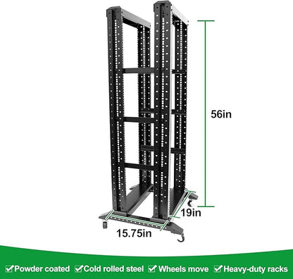 27U Server Rack/4-Post 19in Network Rack/Open Frame Rack with Wheels, Heavy-Duty Frame Cabinet/Adjustable Depth 15.75-13.75in GLOBALRACK(4POST-600-27U)