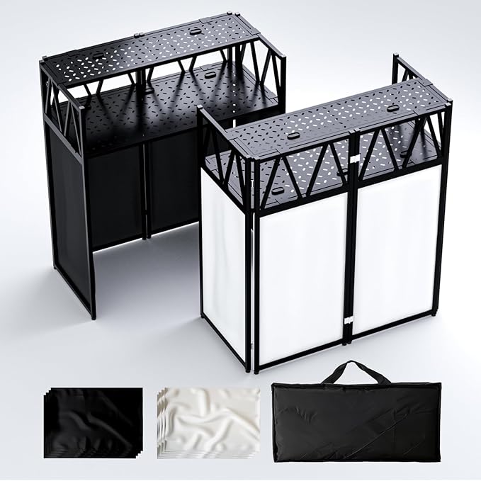 DJ Table Stand Portable booth, Foldable DJ Stand Booth, Heavy-Duty Adjustable Height DJ Facade Booth, Easy to Assemble, Stylish, Convenient to Store and Transpor