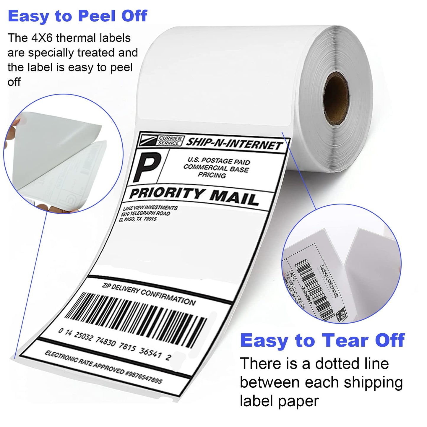 FungLam 100 Rolls 4x6 Direct Thermal Shipping Labels, 250 Labels Per Roll, 1" Core, Perforated, White Mailing Postage Shipping Label Compatible with Zebra 2844 ZP-450 ZP-500 ZP-505