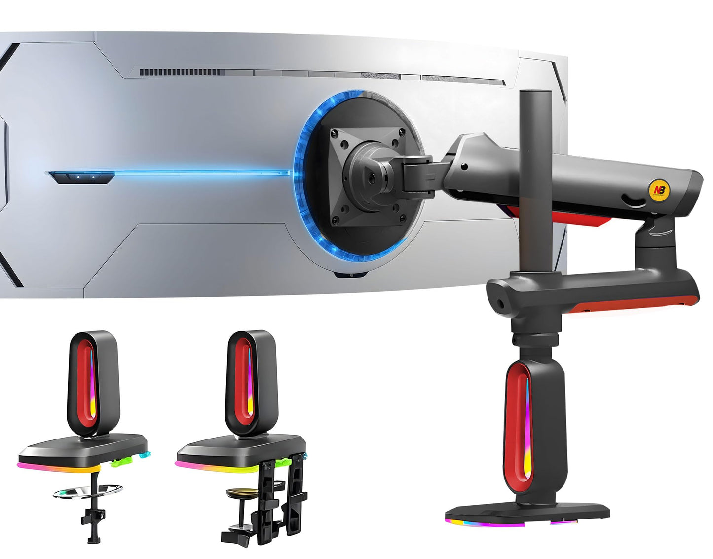 NB Extra Height Gaming Monitor Arm for 32 to 60 Inches Screen, Load up to 20 kg, VESA 75/100, RGB-Light, Heavy Duty, Multi Angle Adjustable, Premium Aluminum, Long Arm Extension Red