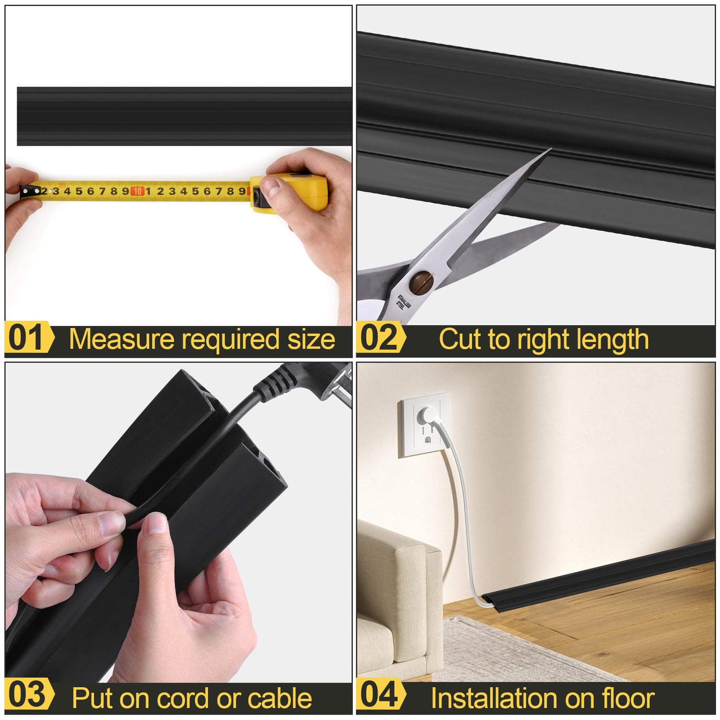 MYFAMIREA 6.5FT Floor Cord Cover Heavy Duty Cable Cover Protector 3 Channels Extension PVC Floor Wire Cover Outdoor Cord Hider Management Cord Cover for Wire on Floor for Home Office Outdoor, Black