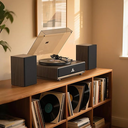 Vinyl Record Player Built in HiFi Stereo Speakers BT Wireless Input Belt Drive Iron Platter Turntables for Vinyls Records with MM Audio AT-3600L Cartridge Soft Warm Light Design Wooden Cream Brown