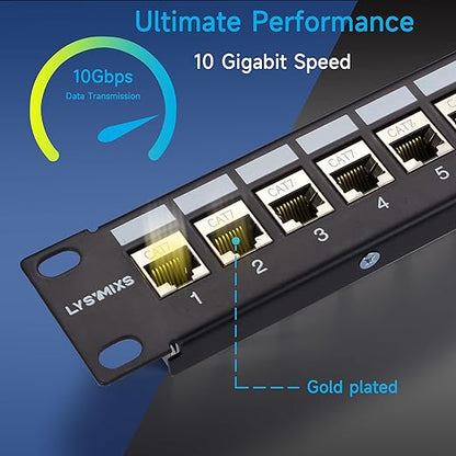 24 Port RJ45 Patch Panel Cat7 STP Feed Through, Coupler Network Panel 19 Inch, Inline Keystone Ethernet Patch Panel with Back Bar