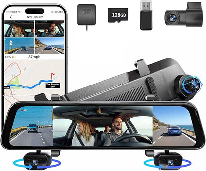 2025 Rear View Mirror Camera, 4 Channel Mirror Dash Cam Front and Rear Inside, 12" Touch Screen 360° Dash Camera for Cars, Wi-Fi, APP, GPS, IR Night Vision Backup Camera, Free 128GB SD Card
