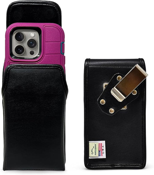 Turtleback Belt Clip for iPhone 16 Pro, 16e, 15 pro 14 Pro 13 Pro -Large- Fits w/Defender Bulky Style Cases, Premium Black Leather, Vertical Belt Holder, Magnetic Closure HD Rotating Belt Clip