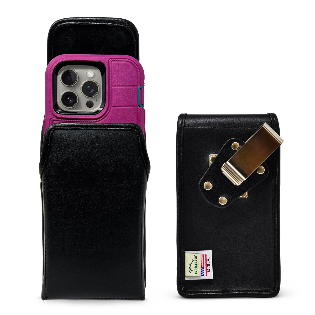 Turtleback Belt Holder for iPhone 16 Pro, 16e, 15 pro 14 Pro 13 Pro -Small- Fits w/Slim MagSafe Style Cases, Premium Black Leather Horiz. Belt Holster, Magnetic Closure, Leather Wrapped Belt Clip