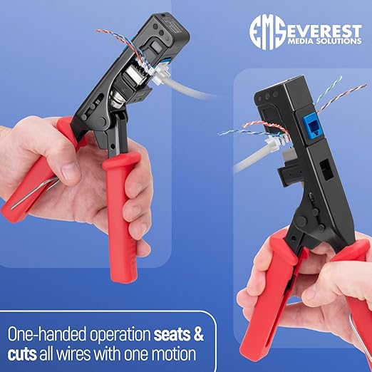 Everest easyJACK - 45° Angled Speed Termination Keystone Tool Set - with 20-Pack of RJ45 Cat6A Keystone Jacks in White (Slim Profile Design) - Time Saver Network Punch Down Tool Cat6A