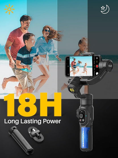 Professional Gimbal Stabilizer for Smartphone,Built-in 18CM Extension Rod and Powerful Fill Light,360°Inception,Face&Object Tracking Stabilizer,3-Axis Gimbal for iPhone& Android-Smart S2
