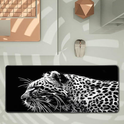 Black and White Gaming Mouse Pad 31.5 x 11.8 Inch Extended Large Mouse Pad with Non-Slip Base and Stitched Edges for Gamer Home Office, Black Leopard
