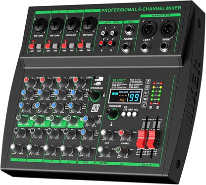 MW-6 black 6-Channel Professional DJ Audio Mixer Portable Controller Mixer with DSP 99 Preset Effects for Live Streaming, Podcasting, Home Party