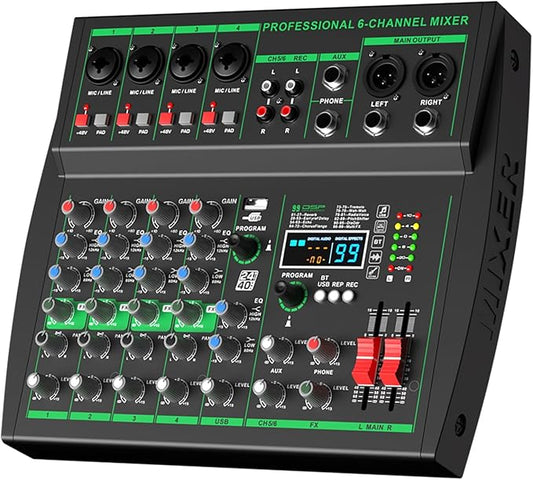 MW-6 black 6-Channel Professional DJ Audio Mixer Portable Controller Mixer with DSP 99 Preset Effects for Live Streaming, Podcasting, Home Party