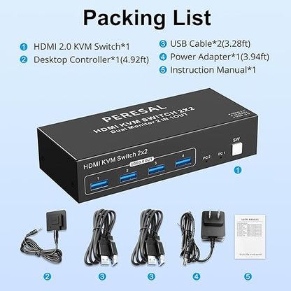 Dual Monitor HDMI KVM Switch, 2 Computers 4K60Hz Dual Monitor KVM Switches for Dual PC or Laptops,4 USB 3.0 Ports Support Extended/Copy Mode with DC 12V Adapter&Wired Controller