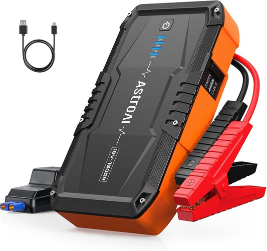 AstroAI S8 Car Battery Jump Starter 1500A – Portable 12V Lithium Jump Box with 3 Mode Flashlight, Power Bank & Smart Jumper Cables - for 6.0L Gas and 3.0L Diesel Engines