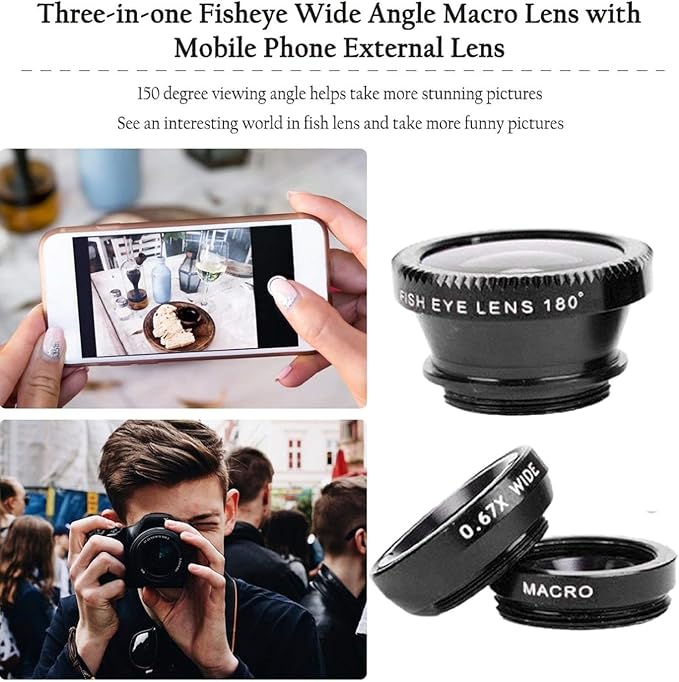 3 in 1 Cell Phone Camera Lens Kit Wide Angle Macro Fisheye Lens for iPad iPhone Samsung Android and Most Smartphones