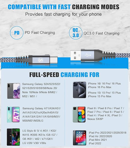 sweguard USB Type C Charger Cable [3-Pack,10ft+6.6ft+3.3ft] iPhone 15 Charger Nylon Braided Cord for iPhone 15 Pro Max Samsung Galaxy S23 S22 S21 S20 S10 S9 Note 20 10 Flip A53 A54 Pixel LG Moto PS5