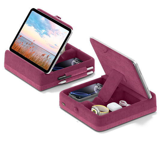 KDD Tablet Pillow Stand with Storage, Foldable iPad Holder for Lap, Desk and Bed, Angle Adjustable Soft Pad Dock with Stylus Mount Compatible with iPad Pro, Air, mini, Book, Phone and Tablet (4-13")