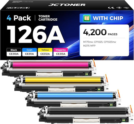 JCTONER 126A CE310A Toner Cartridge Set 4-Pack High Yield Replacement Compatible with Printer Ink Black Copy