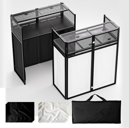 Portable DJ Booth Table,Foldable DJ Table Stand with White & Black Scrim,Adjustable DJ Facade Booth Station Metal Frame with Cable Hole for Private Events, Clubs, Bars (40x20 Double Deck)