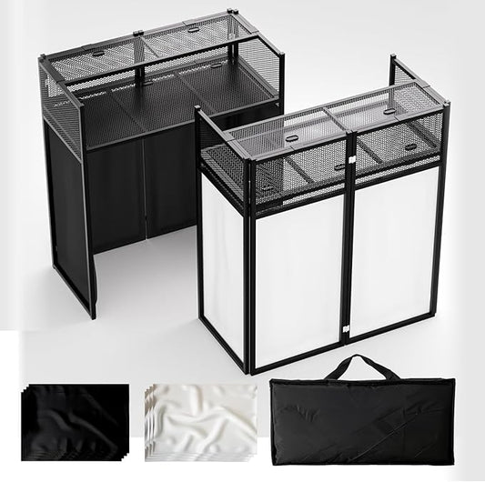 Portable DJ Booth Table,Foldable DJ Table Stand with White & Black Scrim,Adjustable DJ Facade Booth Station Metal Frame with Cable Hole for Private Events, Clubs, Bars (40x20 Double Deck)