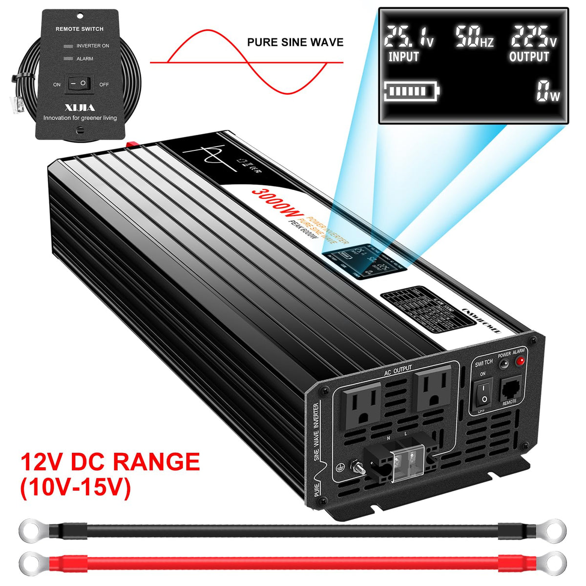 Xijia 3000W Pure Sine Wave Inverter 12V DC to 120V AC Converter for Home, RV, Truck, Off-Grid Solar Power 110V with Smart Bluetooth App Remote Control
