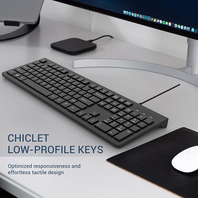 Computer Keyboard Wired, Plug Play USB Keyboard, Low Profile Chiclet Keys, Large Number Pad, Caps Indicators, Foldable Stands, Spill-Resistant, Anti-Wear Letters for PC Laptop (Black, 1-Pack)