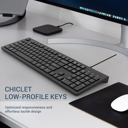Computer Keyboard Wired, Plug Play USB Keyboard, Low Profile Chiclet Keys, Large Number Pad, Caps Indicators, Foldable Stands, Spill-Resistant, Anti-Wear Letters for PC Laptop (Black, 1-Pack)