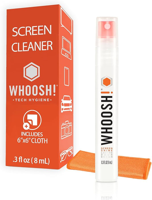 WHOOSH! Screen Shine Pocket 0.3 fl oz – Powerful Computer Screen Cleaner for Car, Laptop, Phone & Eyeglasses – Streak-Free Screen Cleaner Spray and Wipe, Sleek Leak-Free Bottle with Microfiber Cloth