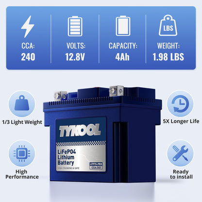 TYKOOL LFP7S-PRO Lithium Battery, Replaces YTZ7S / YTX7L,12V 4Ah 240CCA LiFePO4 Motorcycle Battery for Honda KTM Yamaha Harely,For ATV, UTV, Snowmobile, Motocross, Lawn Mower, Jet Ski, Motorboat
