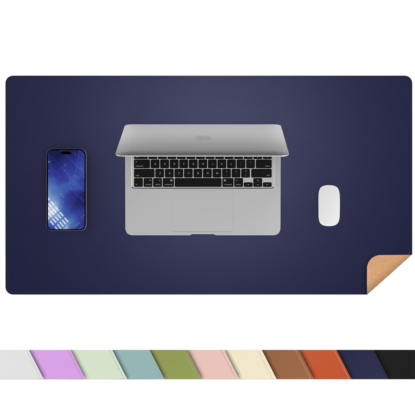 AFIING Cork Desk Mat 23.6 x 13.7, Dual-Sided Cork & PU Leather Desk Pad, Waterproof Non-Slip Desk Protector for Home Office, Study Desk & Minimalist Workspace Blue