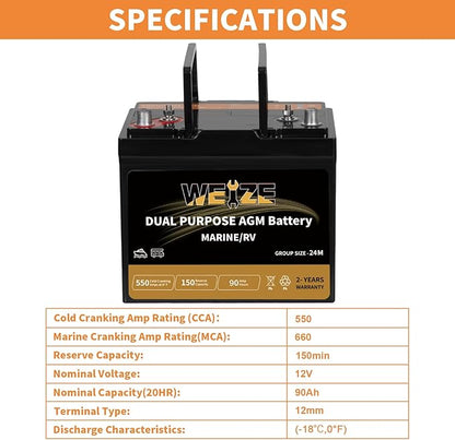 Weize Dual Purpose AGM Battery BCI Group 24M, Starter & Deep Cycle 150RC 550CCA 12V 90AH Sealed Marine & RV Battery