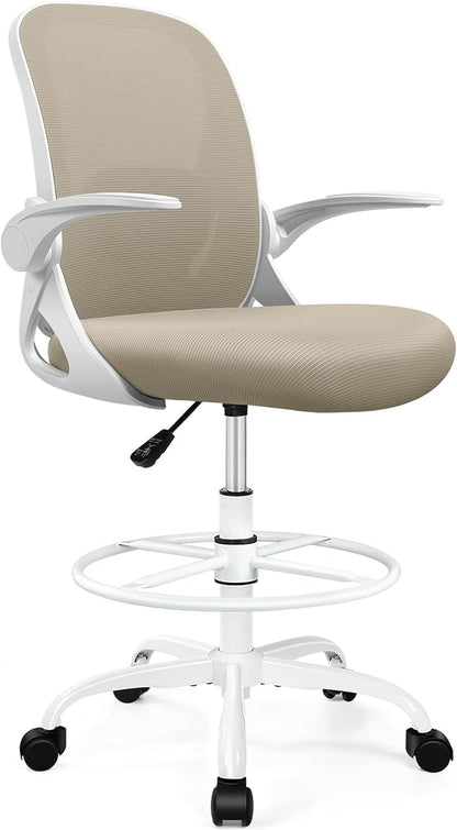 Drafting Chair Tall Office Chair with Flip-up Armrests, Adjustable Height, and Enhanced Lumbar Support - Ergonomic Rolling Stool, Back Support, and Adjustable Foot Rest Ring for Standing Desk Khaki
