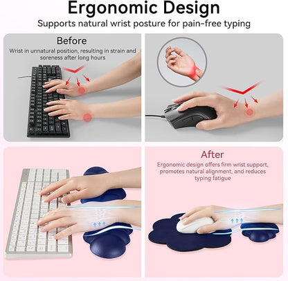 Cloud Wrist Rest for Computer Keyboard, 4-in-1 Memory Foam Leather Cloud Keyboard Wrist Rest and Mouse Pad Set with Ergonomic Support for Arm and Palm Cushion, Gaming/Work Setup, Dark Blue
