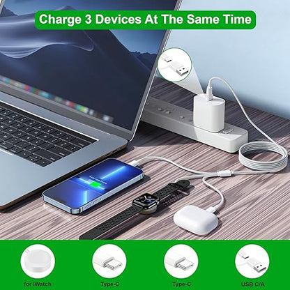 Upgraded 3 in 2 USB C Cable for Apple Watch Charger (4FT/1.2M) Travel USBC Multi Fast Charging Cord Compatible with iWatch Ultra 2/SE 2/10/9/8/7/6/5/4/3/2/1, iPhone 16/15 Pro Max Plus, iPad, AirPods
