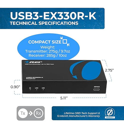 OREI USB 3.2 Over Ethernet HDbaseT Cat6 Extender LAN Upto 330 Feet - Extends 4 Ports USB-A Signal Over LAN Ethernet - Power Over Cable for Long Distance Extension Supports All Operating System