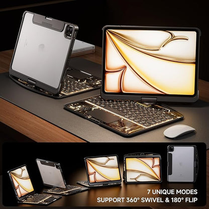 Transparent Case with Keyboard for 2024 iPad Pro 11-inch (M4),with 7-Color Backlit Wireless Keyboard, 360°Rotatable Protective Case Multi-Touch Trackpad,with Pencil Holder,with Shortcuts,Black